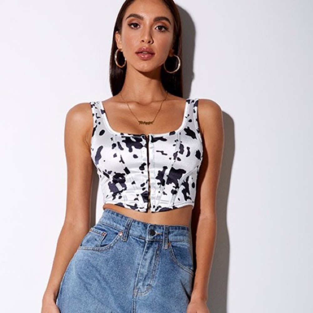 Motel Rocks Black and White Cow Print Zip-Front Cropped Tank